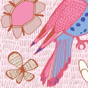 (L) Block Print Bird Floral Pink and Blue