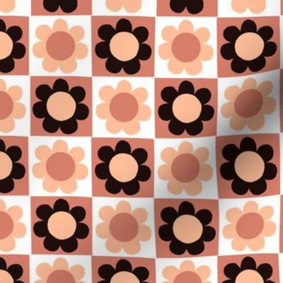 SMALL RETRO 60S 70S GEO CHECKERBOARD DAISY FLOWERS-PEACH FUZZ ORANGE+BLACK+CORAL