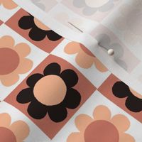 SMALL RETRO 60S 70S GEO CHECKERBOARD DAISY FLOWERS-PEACH FUZZ ORANGE+BLACK+CORAL