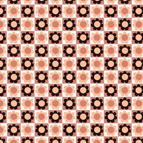 SMALL RETRO 60S 70S GEO CHECKERBOARD DAISY FLOWERS-PEACH FUZZ ORANGE+BLACK+CORAL