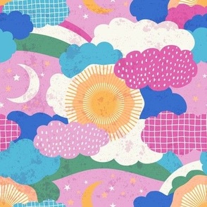 (S) Playful abstract Sun_ Moon_ Clouds Pink