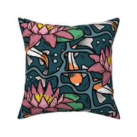 Koi fish pond with water lily - block print style - L