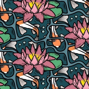 Koi fish pond with water lily - block print style - L