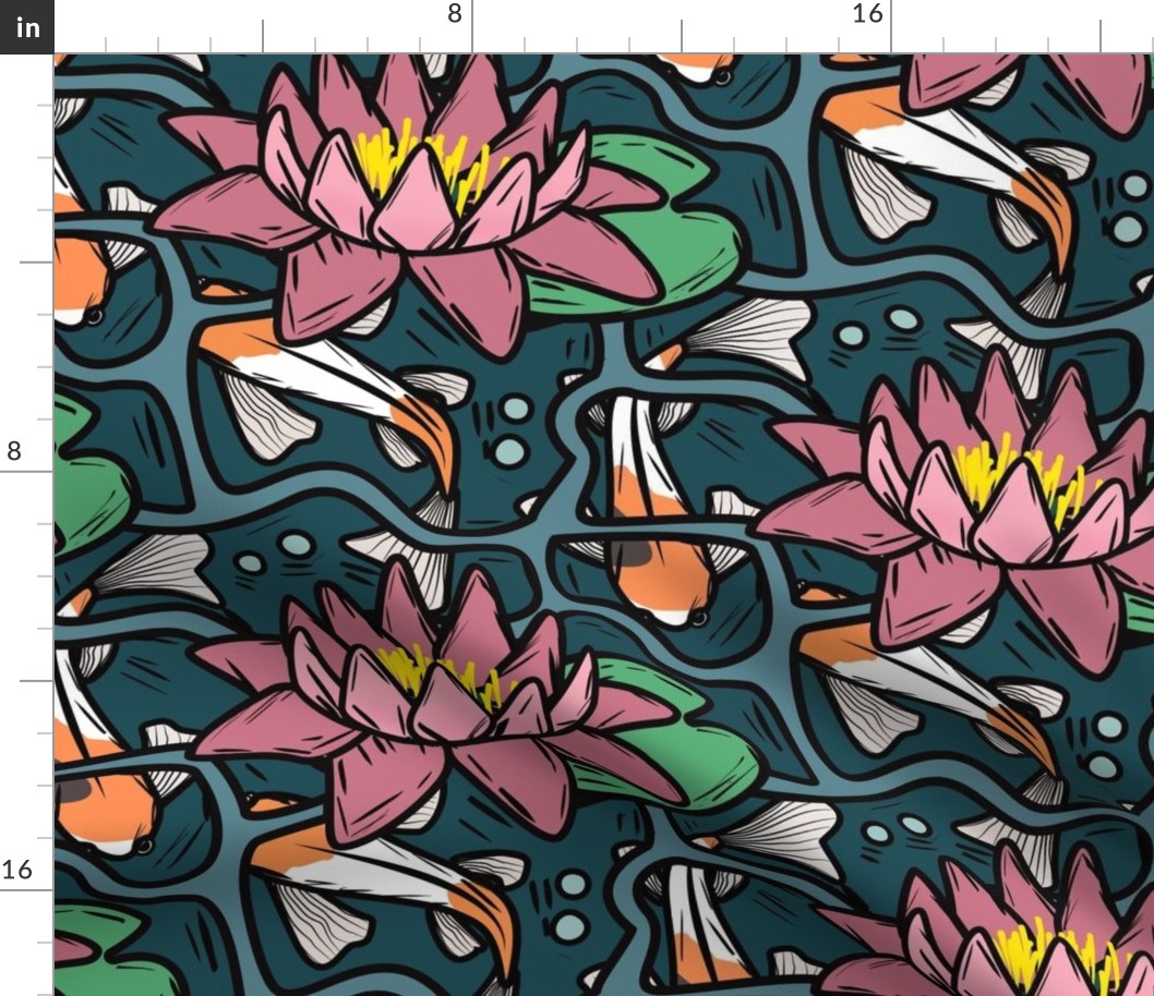 Koi fish pond with water lily - block print style - L