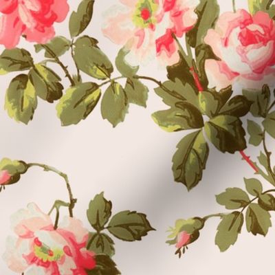 27" Rococo Pink Roses Chinoiserie Bouquets Florals Pink Background