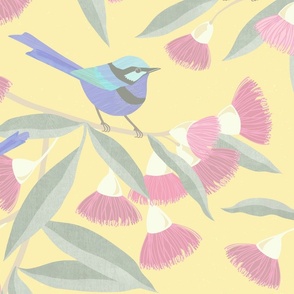 Splendid Fairy Wrens and Pink Eucalyptus - Soft Yellow, large scale by Cecca Designs