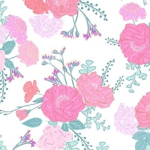 Peony and Scabious vintage posey in coral pink and cream, welcoming wallpaper, small scale