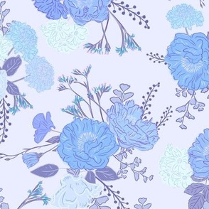 Peony and Scabious vintage posey in blues and lilacs , small scale