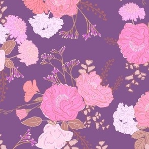 Peony and Scabious vintage posey in plum, purple and pinks, small scale