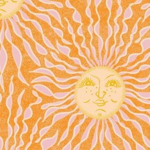 happy sun orange yellow pink boho fantasy celestial |  sun rays, smiling face, optimism, cheerful suns in joyful colors | half drop jumbo 