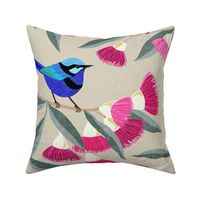 Splendid Fairy Wrens and Pink Eucalyptus - cream of mushroom, large scale by Cecca Designs