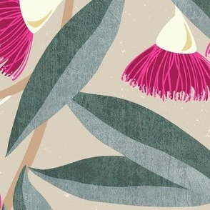 Splendid Fairy Wrens and Pink Eucalyptus - cream of mushroom, large scale by Cecca Designs