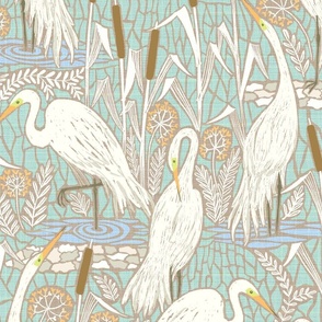 Watching cranes with cool mint green - large scale wallpaper