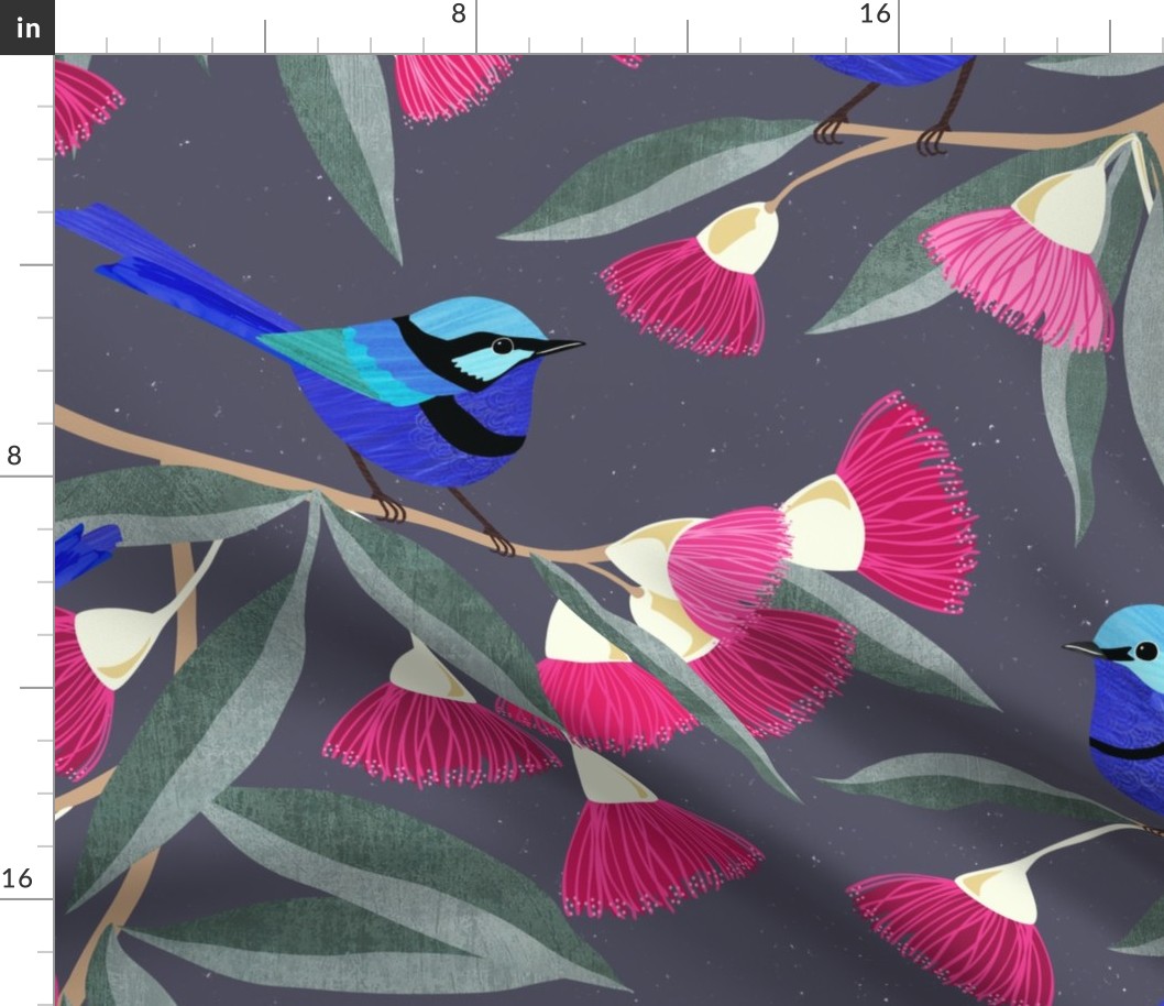 Splendid Fairy Wrens and Pink Eucalyptus - Dark grey, large scale by Cecca Designs