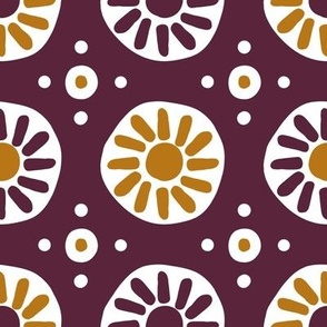 Suns and dots burgundy and mustard