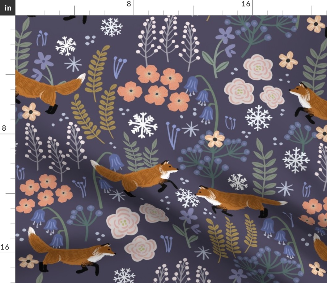 Winter Fox Whimsy: Deep Purple Florals & Enchanting Fox - Mystical Fabric Design-BIG