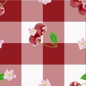 Cherries and cherry blossom flowers Gingham check pattern 