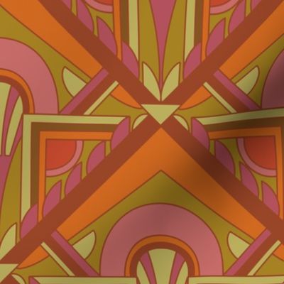 Large Scale // Geometric Abstract Art Deco in Warm Pink Red Orange & Lime Green