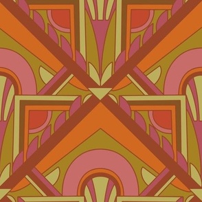 Larger Scale // Geometric Abstract Art Deco in Warm Pink Red Orange & Lime Green