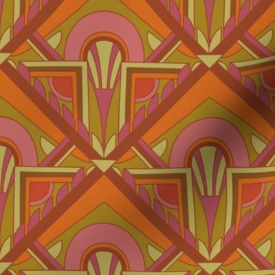 Medium Scale // Geometric Abstract Art Deco in Warm Pink Red Orange & Lime Green