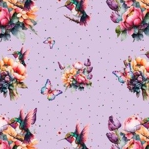 Flowers, butterfly and Hummingbird on puple levander background