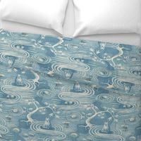 zen cats's garden wallpaper - aqua blue and ivory - extra large scale
