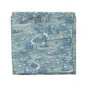 zen cats's garden wallpaper - aqua blue and ivory - extra large scale