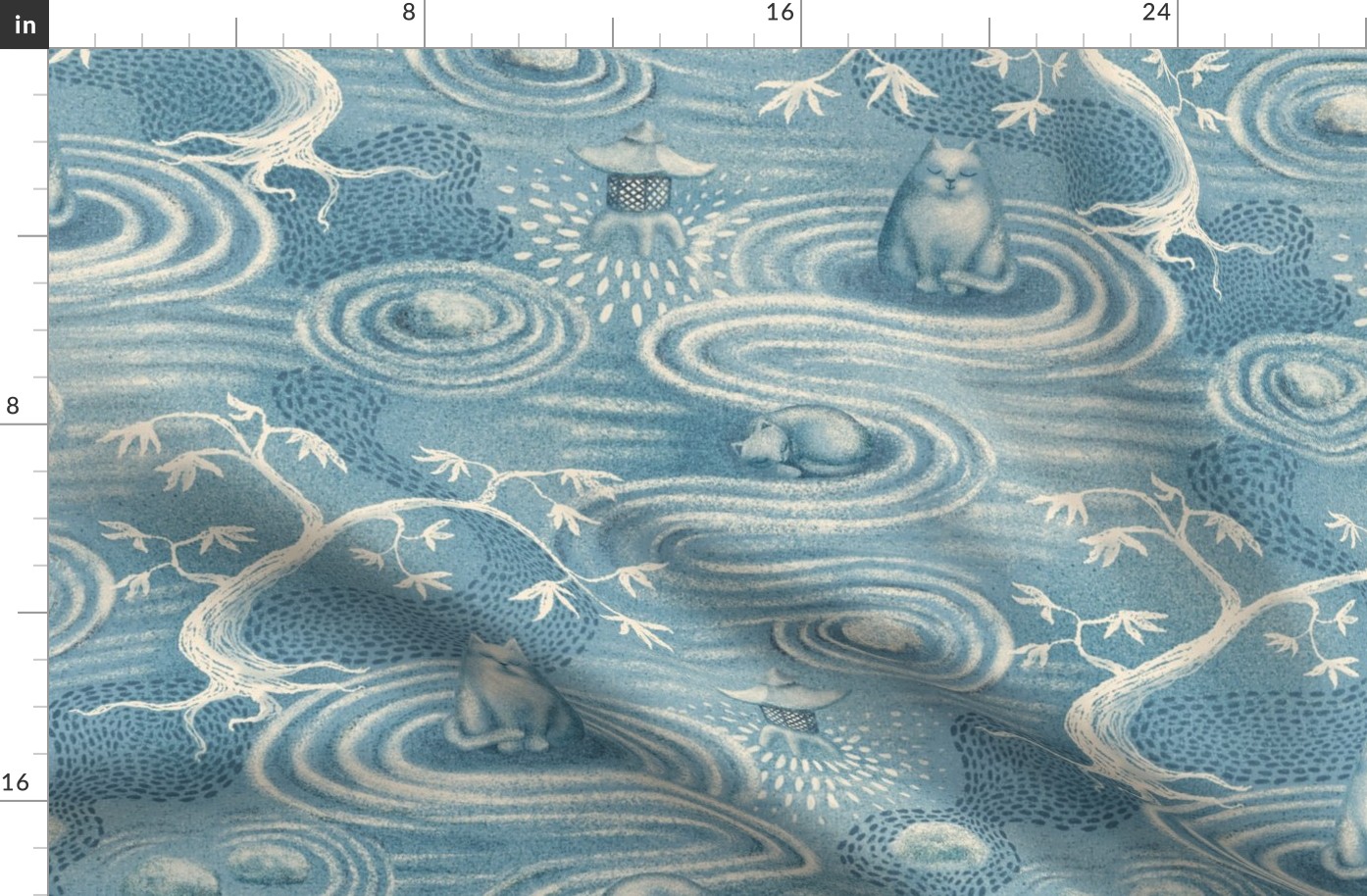 zen cats's garden wallpaper - aqua blue and ivory - extra large scale