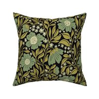 Welcoming Walls of Orange Florals small scale, Black Background  dark green 