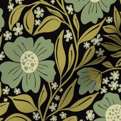 Welcoming Walls of Orange Florals small scale, Black Background  dark green 