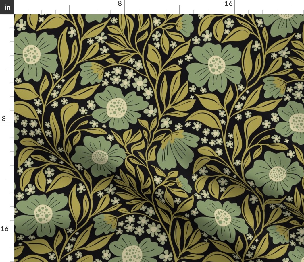 Welcoming Walls of Orange Florals small scale, Black Background  dark green 