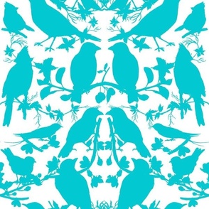 Bird Silhouette Damask - Turquoise and White Large