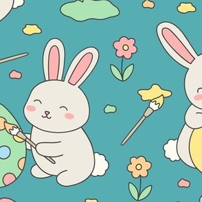 Easter Bunnies Painting Eggs on Teal (Large Scale)