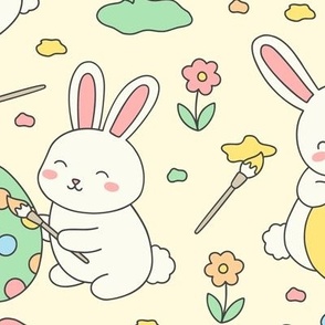 Easter Bunnies Painting Eggs on Yellow (Large Scale)