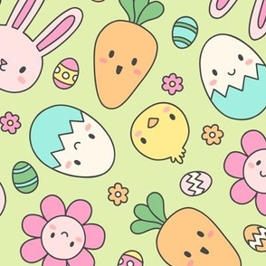 Kawaii Easter on Green (Large Scale)