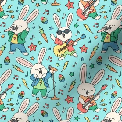 Rock And Roll Bunnies on Aqua (Small Scale)