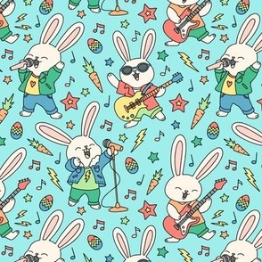 Rock And Roll Bunnies on Aqua (Small Scale)