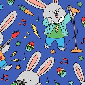 Rock And Roll Bunnies on Blue (Medium Scale)