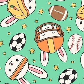 Sporty Bunnies on Green (Large Scale)