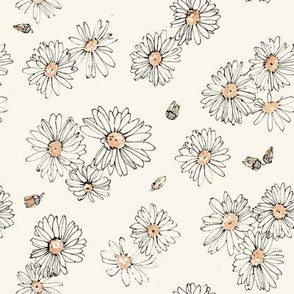 Playful Daisies Hand Drawn Black Line Drawing on Cream Ivory 