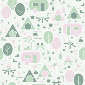 Camping in the Woods - Green and Pink - Retro - Woodland - Cabincore - Travel - Road Trip - Summer - Bonfire - Campfire - Pastel Colors - Sage Green