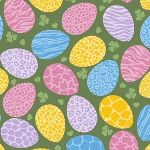 Pastel Animal Prints Easter Eggs Green Background Large Scale