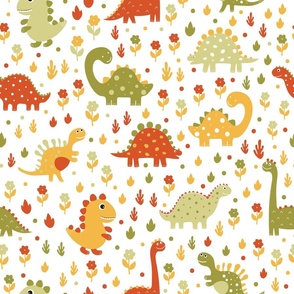 Dinosaurs - Green, Red and Yellow - Whimsical - Tyrannosaurus - Playful - Fossils - Kids - Trex - Jurassic