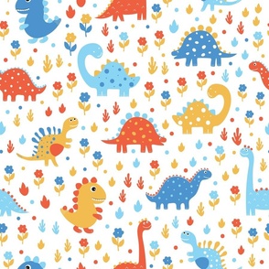 Dinosaurs - Red and Blue - Whimsical - Tyrannosaurus - Playful - Fossils - Kids - Trex - Jurassic