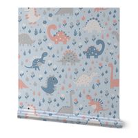 Dinosaurs - Baby Blue - Pastel Colors - Whimsical - Tyrannosaurus - Peach - Playful - Fossils - Kids - Trex - Jurassic