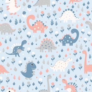 Dinosaurs - Baby Blue - Pastel Colors - Whimsical - Tyrannosaurus - Peach - Playful - Fossils - Kids - Trex - Jurassic