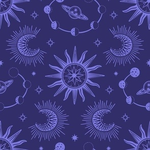 Celestial dream blue - fantasy galaxy with sun, moon, stars and planets