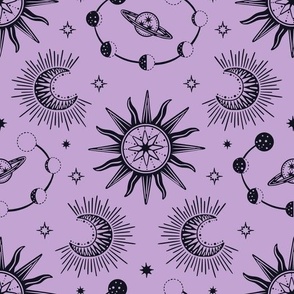 Celestial dream lilac and black  - fantasy galaxy with sun, moon, stars and planets