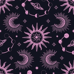 Celestial dream black and pink - fantasy galaxy with sun, moon, stars and planets
