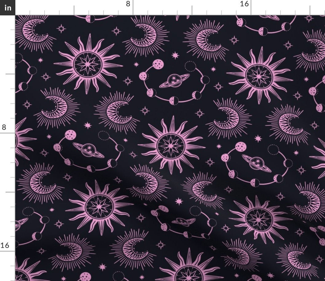 Celestial dream black and pink - fantasy galaxy with sun, moon, stars and planets